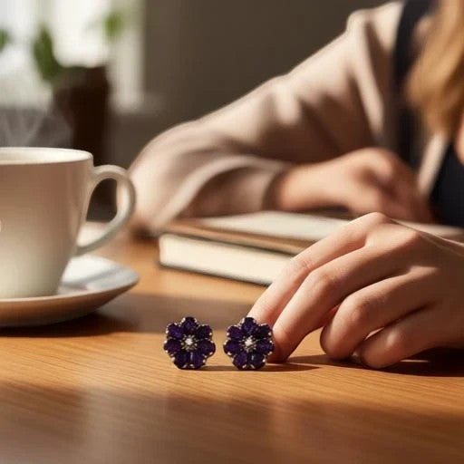 Niz & Aly amethyst flower ear studs with purple gemstone petals on a wooden table next to a coffee cup