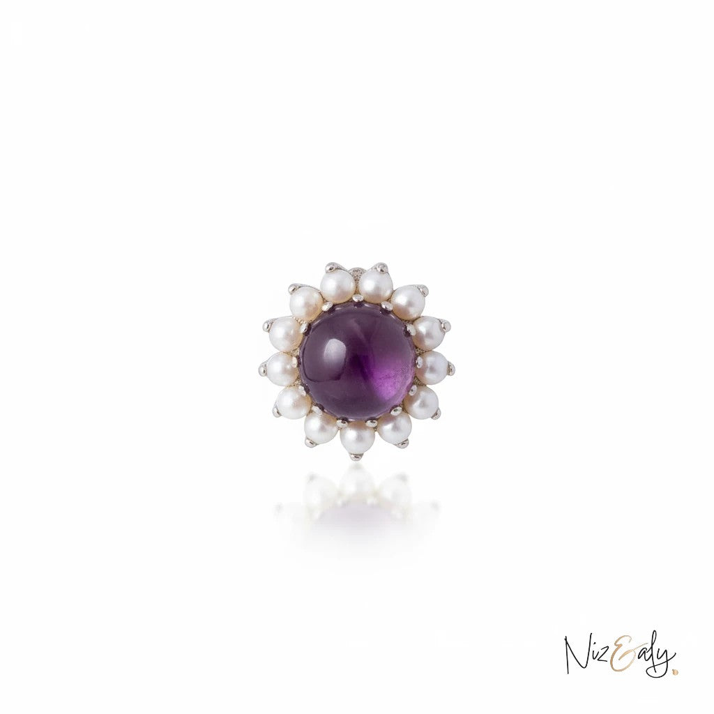 Niz & Aly amethyst and freshwater pearl floral brooch or pendant with a deep purple cabochon center