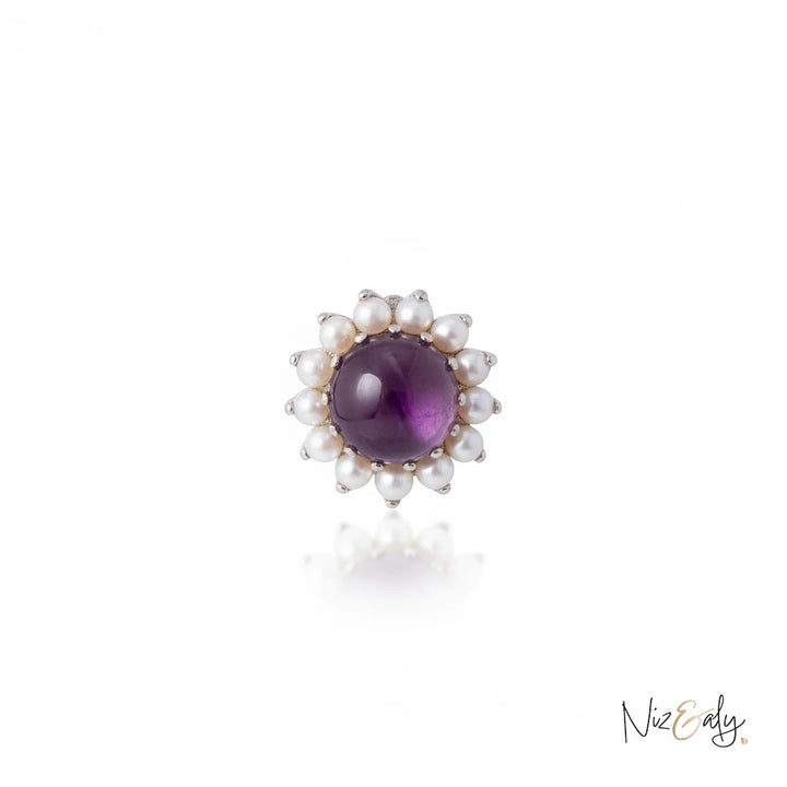 Niz & Aly amethyst and freshwater pearl floral brooch or pendant with a deep purple cabochon center