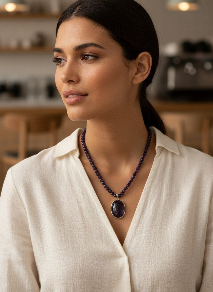 Niz & Aly amethyst gemstone necklace featuring a polished violet pendant on a strand of natural purple amethyst beads.