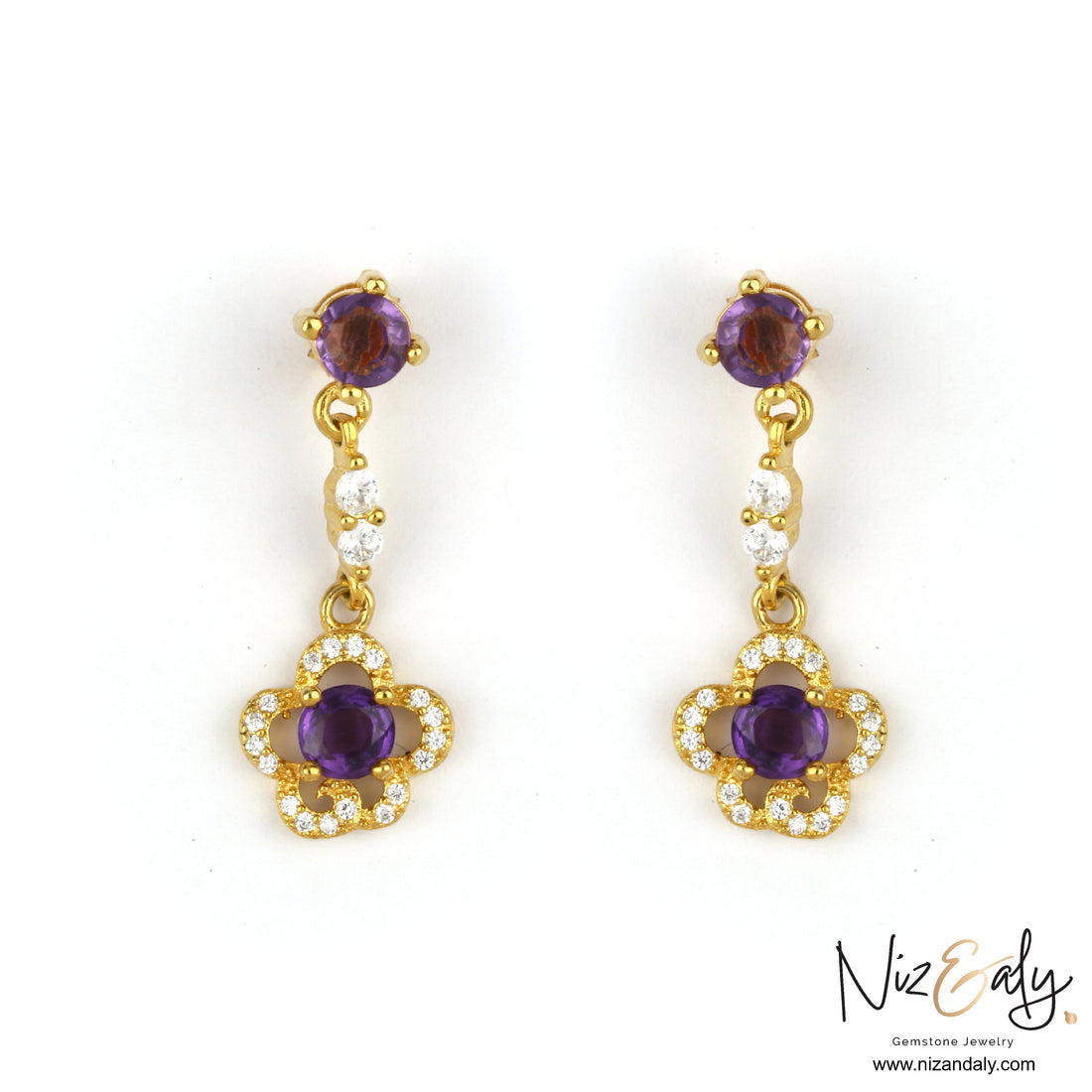 Niz & Aly gold plated drop earrings featuring faceted purple amethyst stones and delicate white crystal accents.
