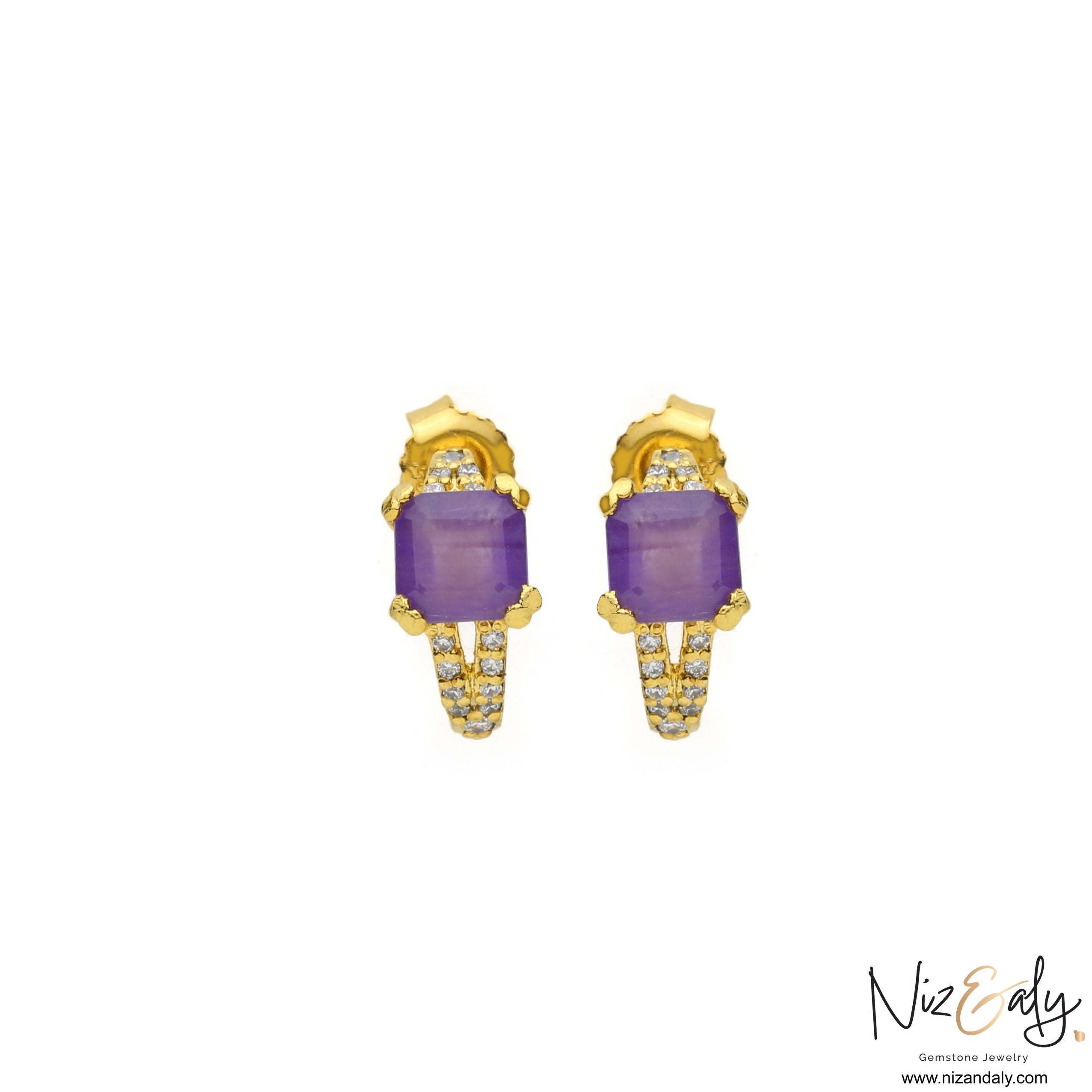 Niz & Aly square-cut amethyst earrings in gold-plated sterling silver with shimmering accent stones