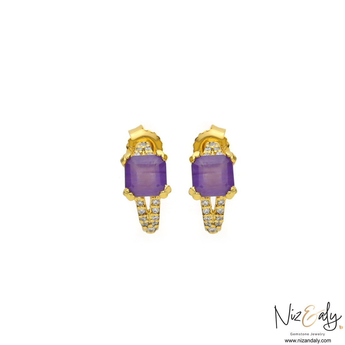 Niz & Aly square-cut amethyst earrings in gold-plated sterling silver with shimmering accent stones