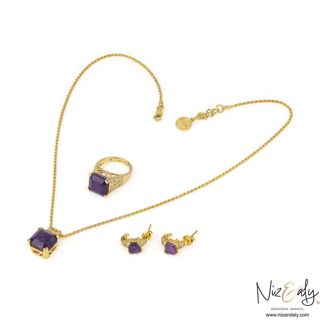 Niz & Aly amethyst jewelry set featuring a square-cut pendant, earrings, and ring in gold-plated sterling silver.