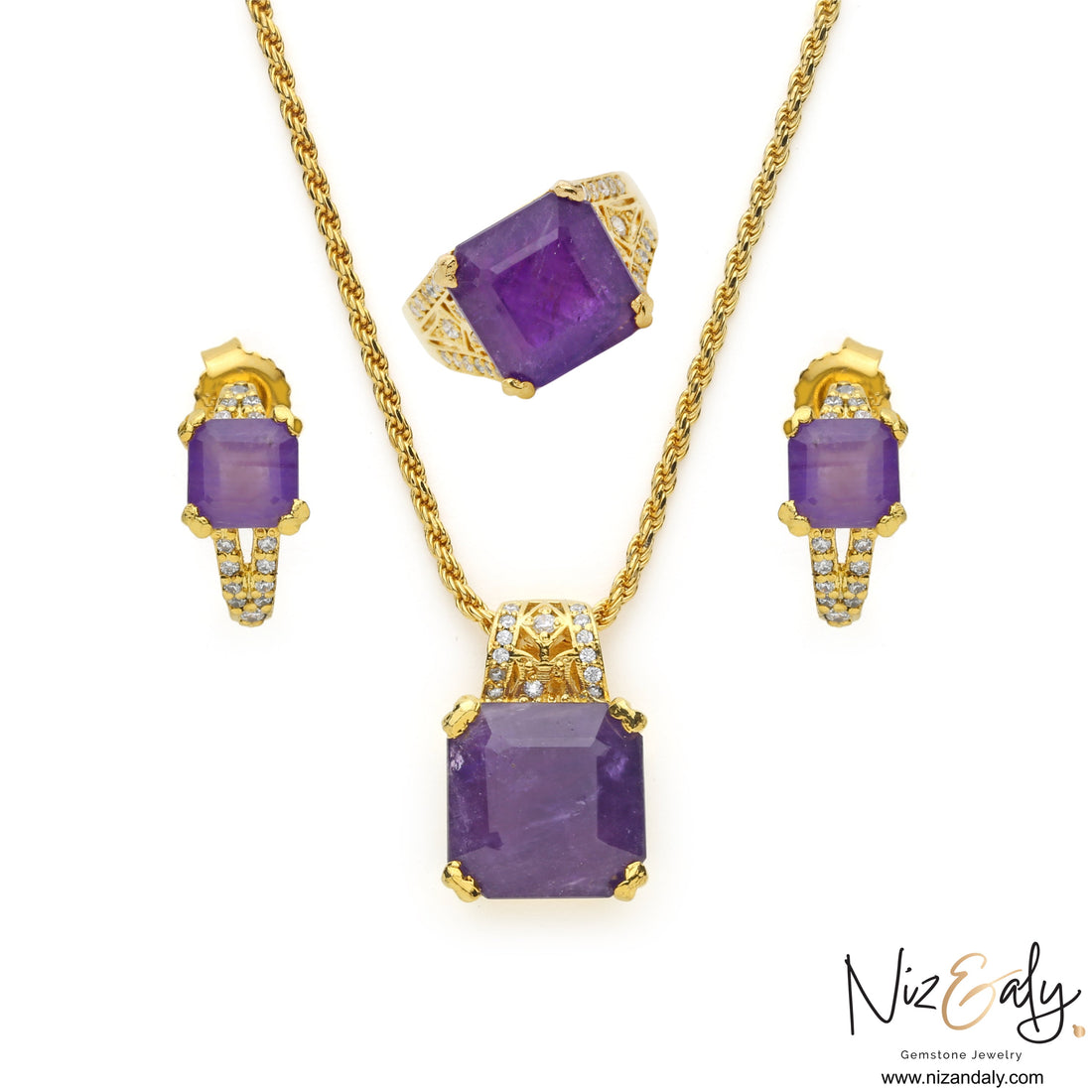 Niz & Aly amethyst jewelry set featuring a square-cut purple gemstone pendant, earrings, and ring in gold-plated silver
