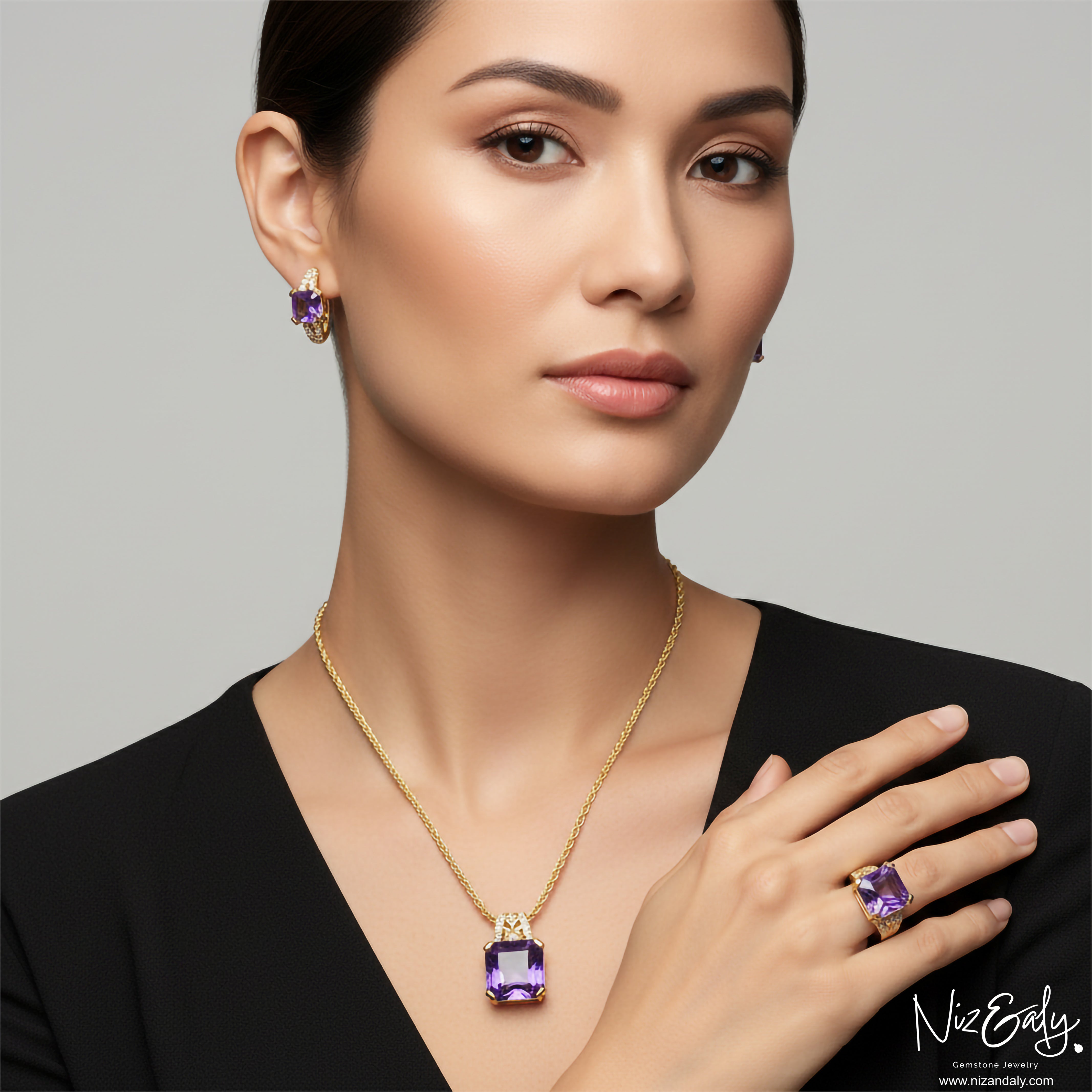 Niz & Aly luxury amethyst jewelry set featuring a square-cut pendant, earrings, and ring in gold-plated silver.