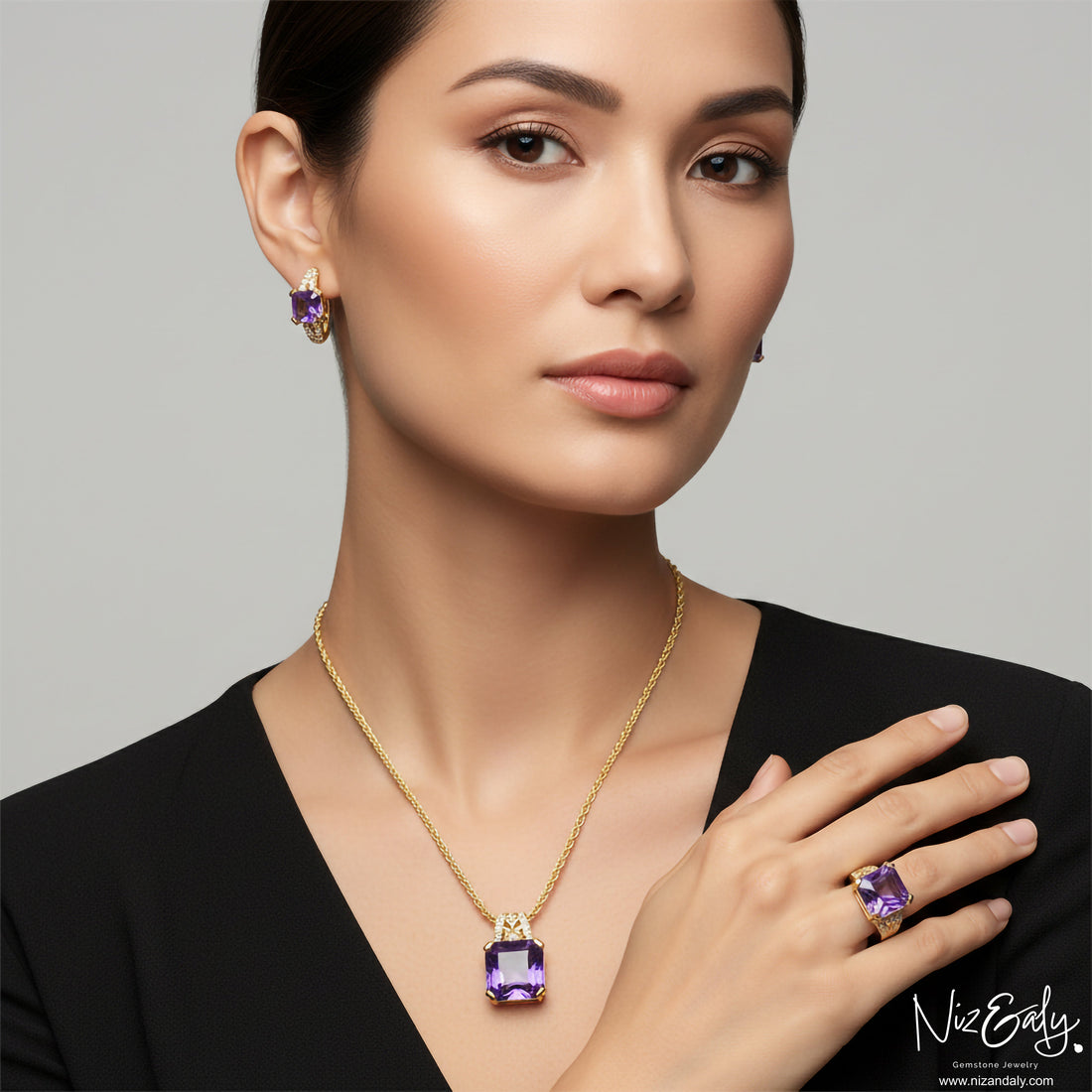 Niz & Aly luxury amethyst jewelry set featuring a square-cut pendant, earrings, and ring in gold-plated silver.