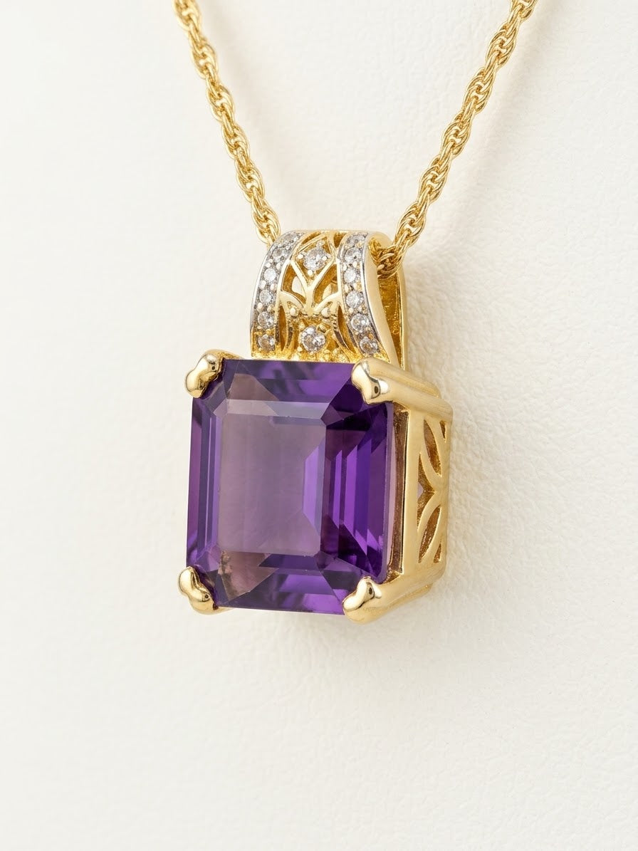 Niz & Aly square-cut amethyst pendant in gold-plated sterling silver with diamond accents on a gold rope chain