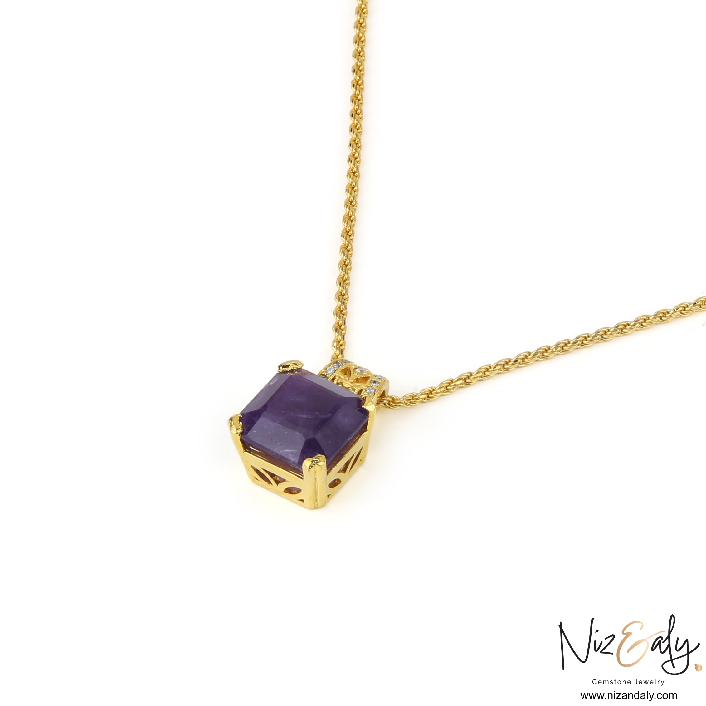 Niz & Aly square-cut amethyst pendant necklace in gold-plated sterling silver with delicate filigree detail