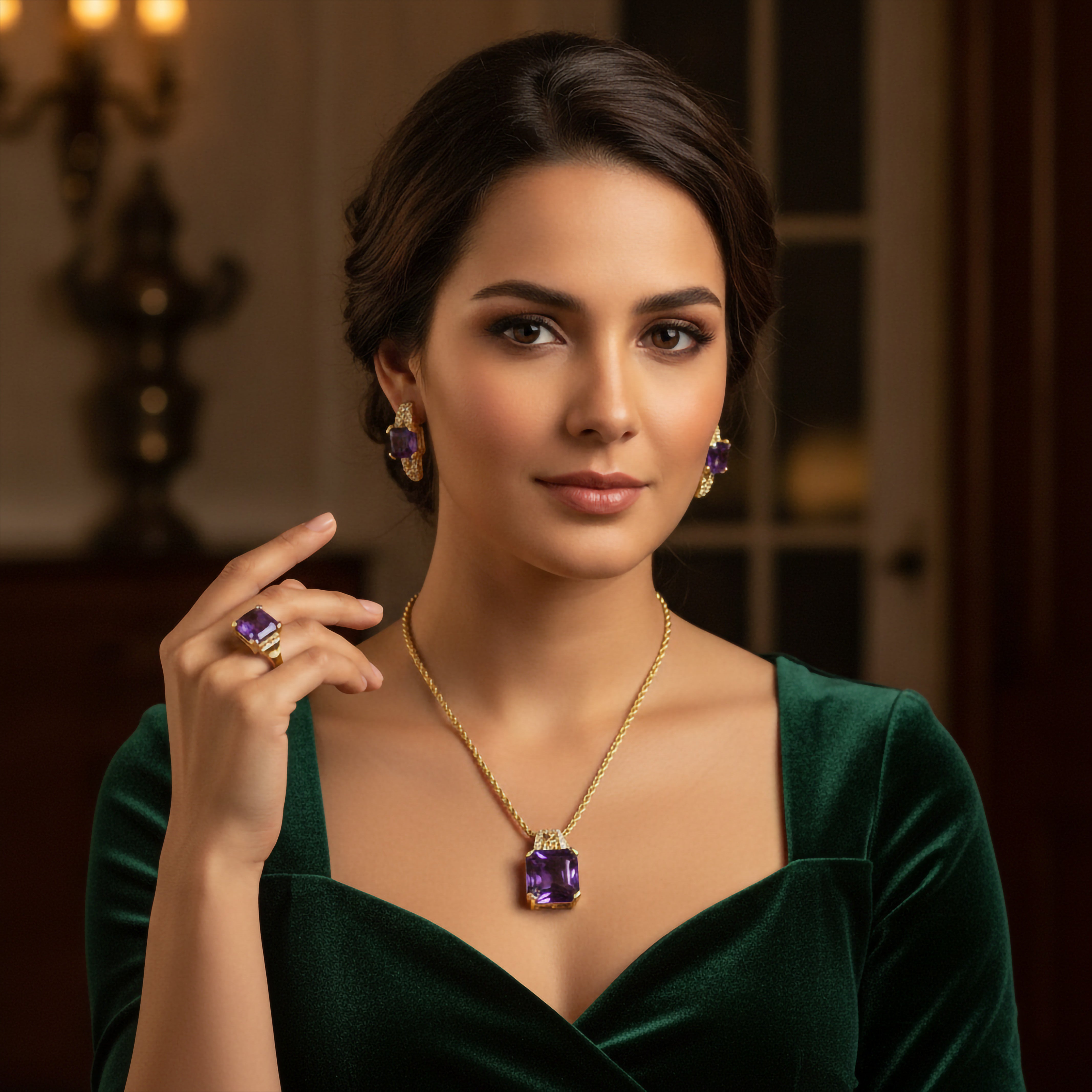 Niz & Aly amethyst jewelry set featuring a square-cut pendant, earrings, and ring in gold-plated sterling silver.