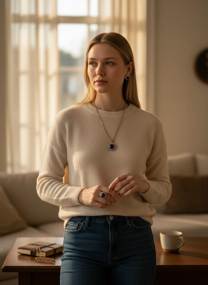 Niz & Aly Amethyst Serenity Locket Set worn by a woman in a cream sweater, featuring a purple gemstone pendant.