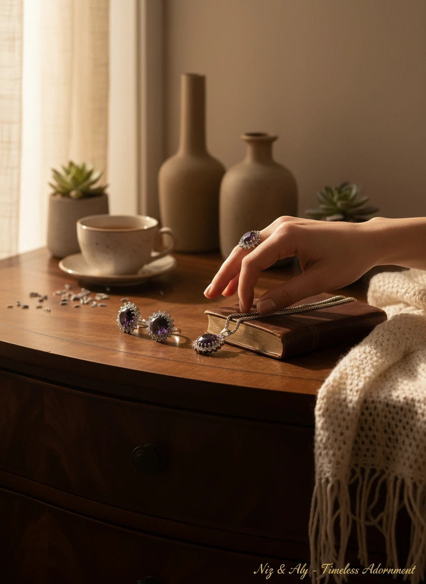 Niz & Aly Amethyst Serenity Locket Set featuring a purple gemstone locket, matching ring, and earrings on a table.