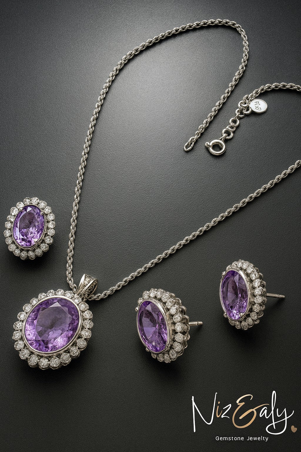Niz & Aly Lavender Whisper amethyst pendant and earring set with oval light purple stones and white stone halos.