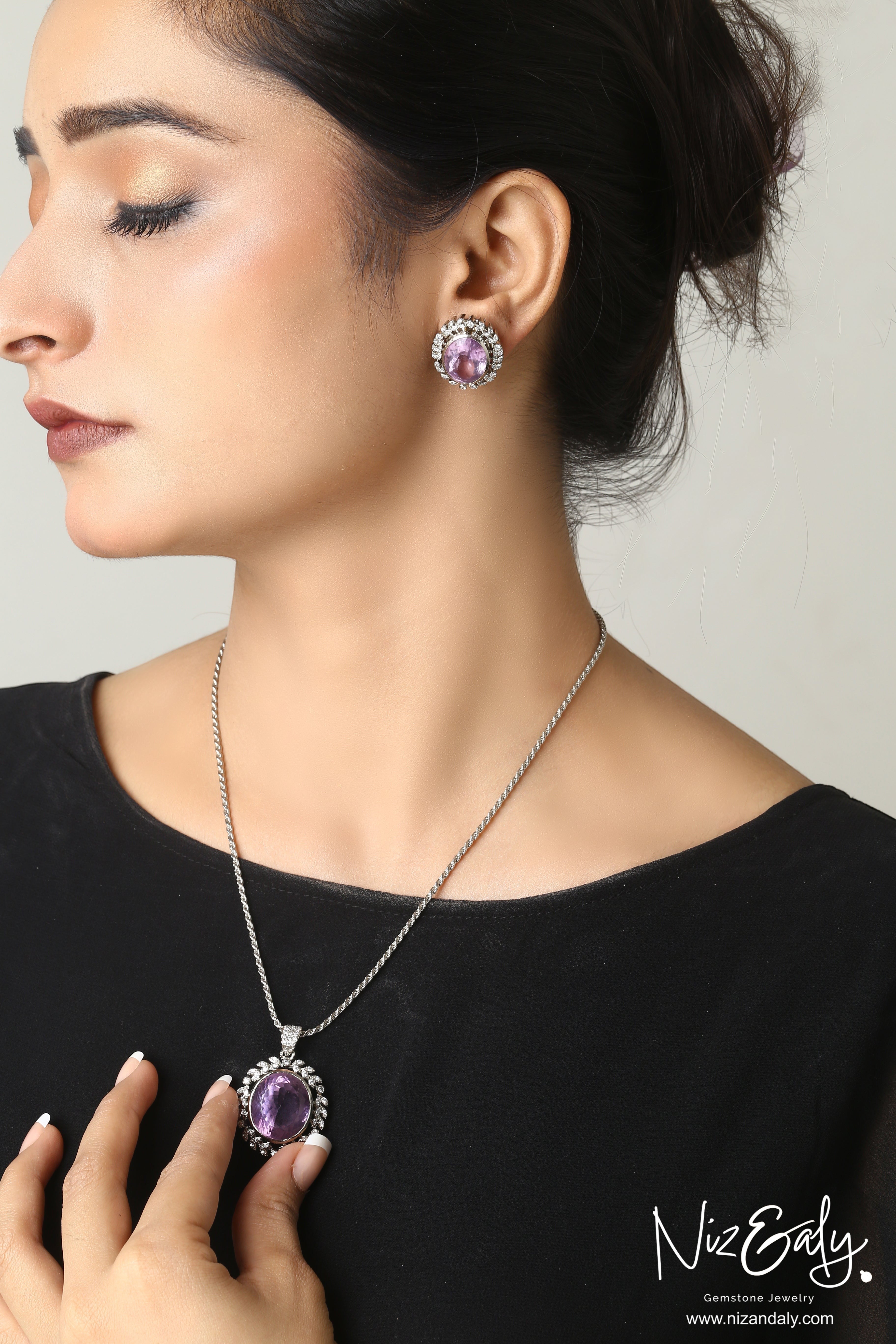 Niz & Aly Lavender Whisper amethyst pendant and earring set with oval purple stones on a sterling silver chain