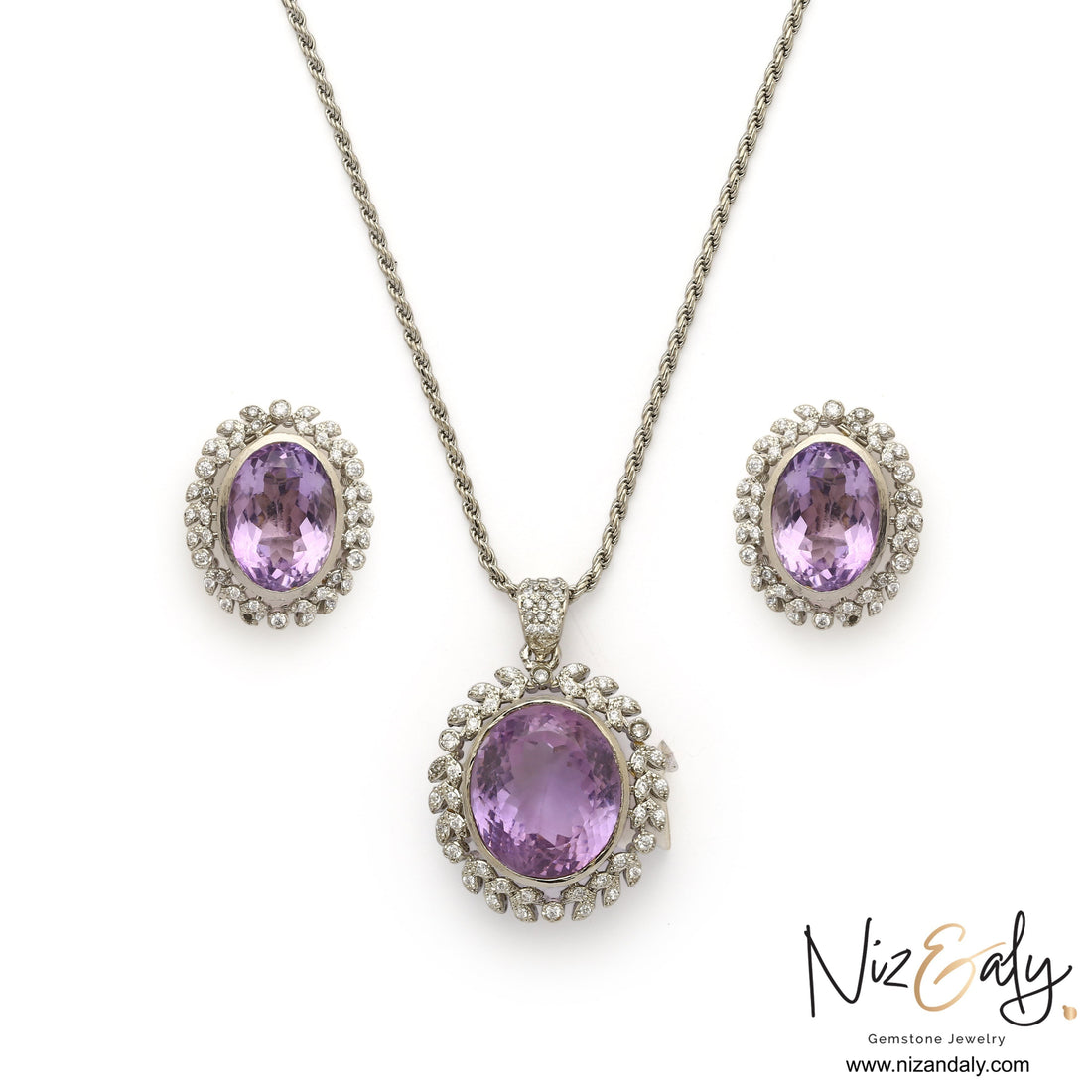 Niz & Aly Lavender Whisper amethyst pendant and earring set with oval-cut purple stones and white stone halos in silver.