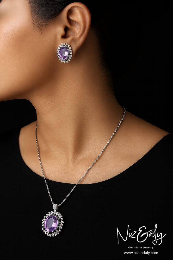Niz & Aly Lavender Whisper amethyst pendant and matching stud earrings with white stone halos on a sterling silver chain