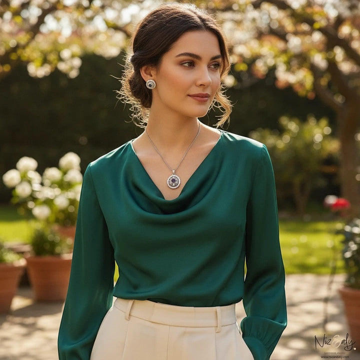 Niz & Aly round natural amethyst and white cubic zirconia pendant set worn by a woman in a green blouse