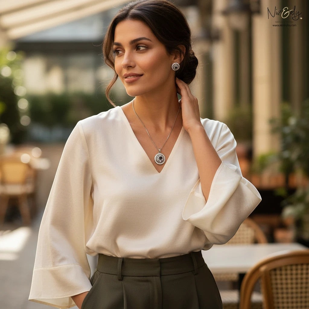Niz & Aly round natural amethyst and white cubic zirconia pendant set worn by a woman in a white blouse
