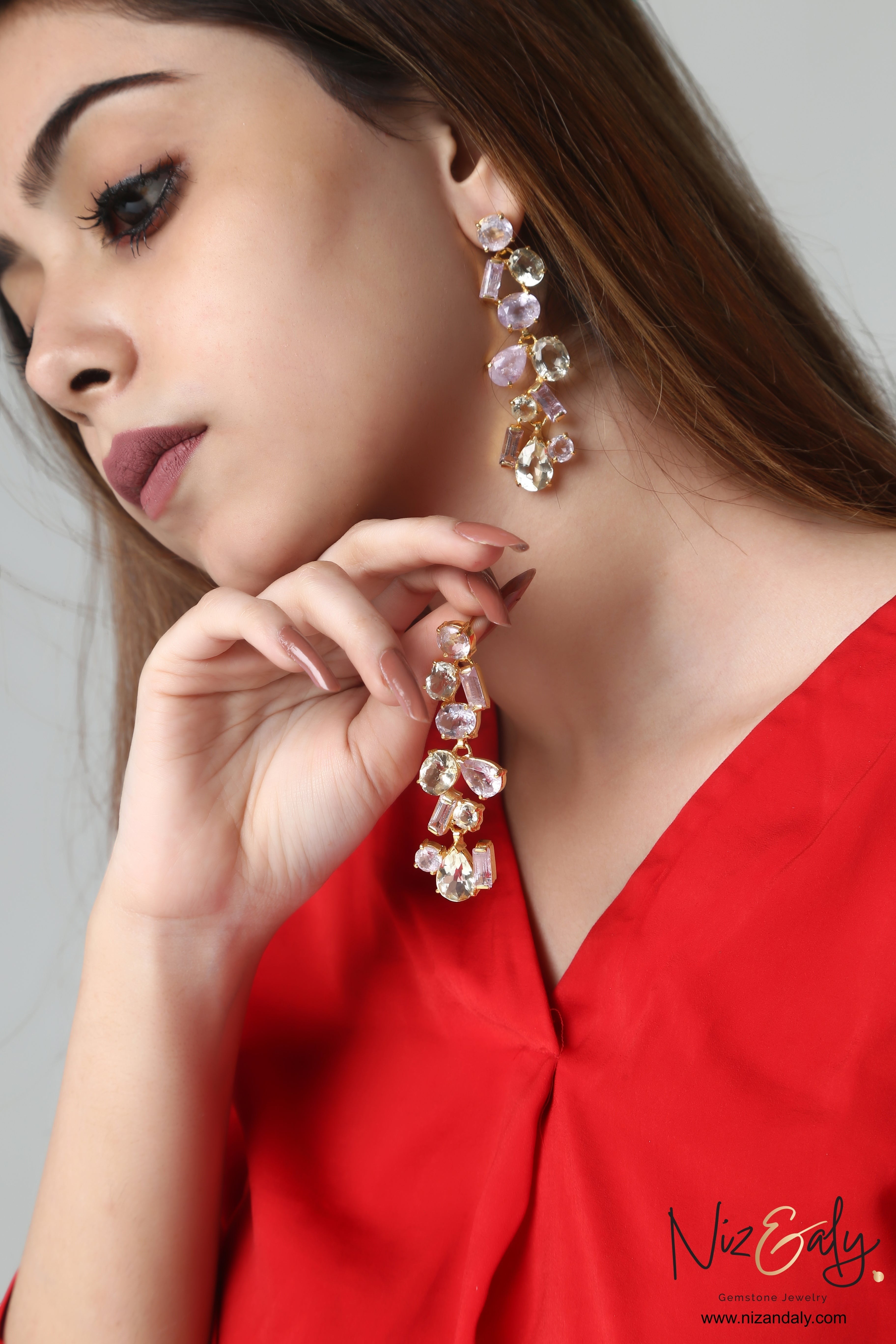Niz & Aly natural ametrine and citrine dangle drop earrings worn by a model in a red top