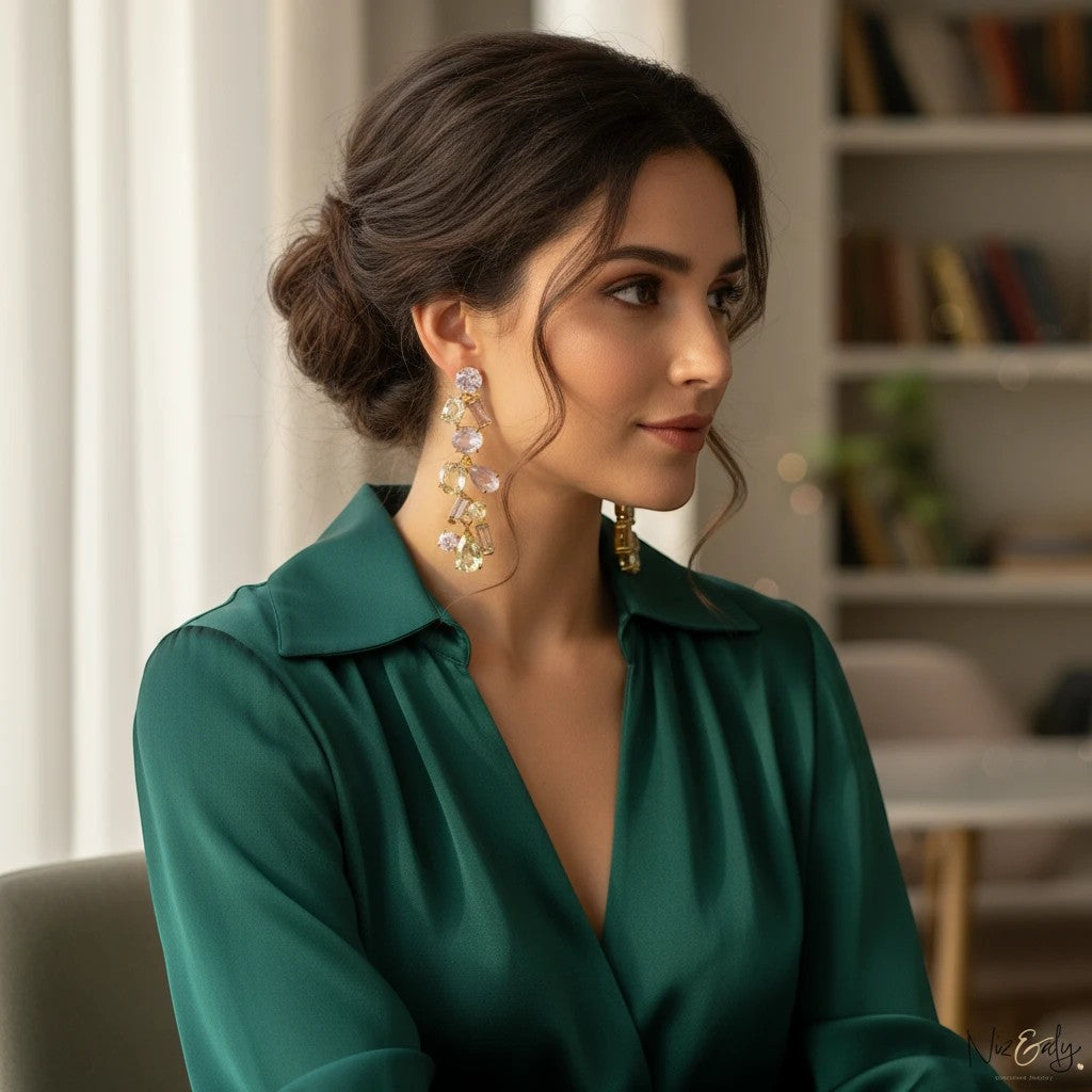 Niz & Aly natural ametrine and citrine dangle drop earrings worn by a woman in a green silk blouse.