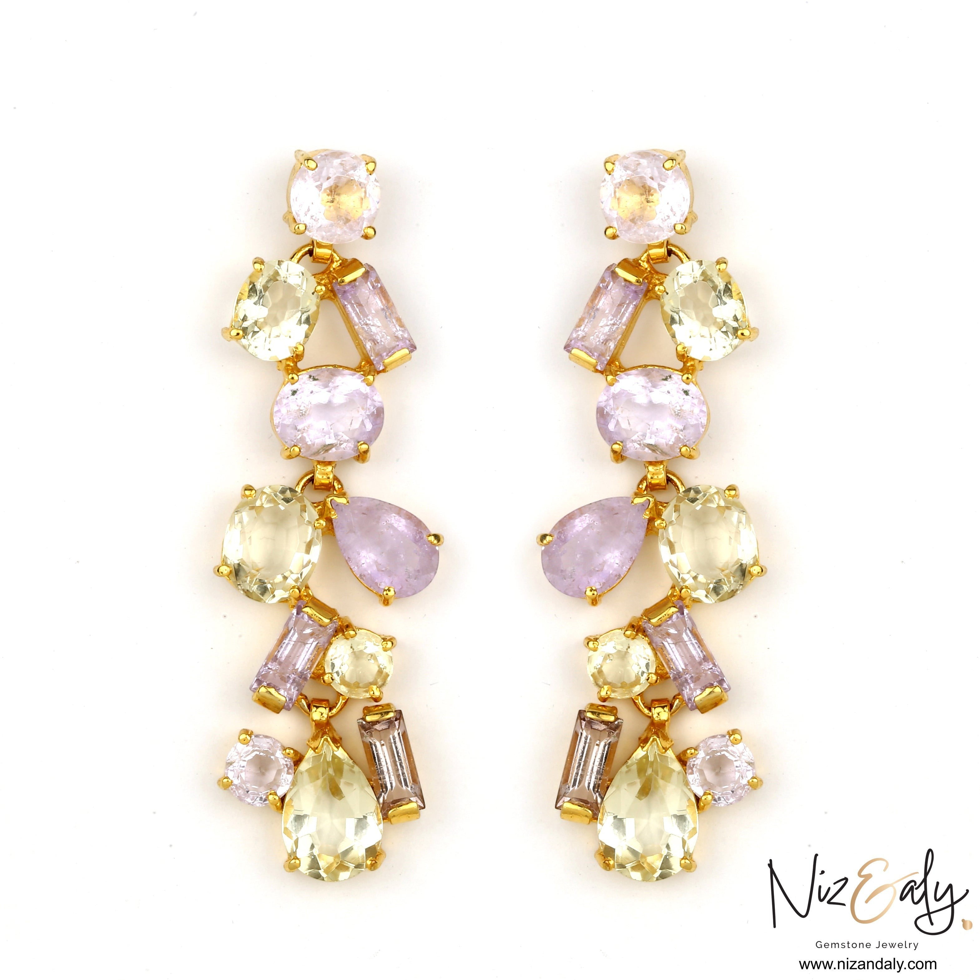Niz & Aly cocktail dangle earrings featuring natural ametrine and citrine gemstones in a gold setting.