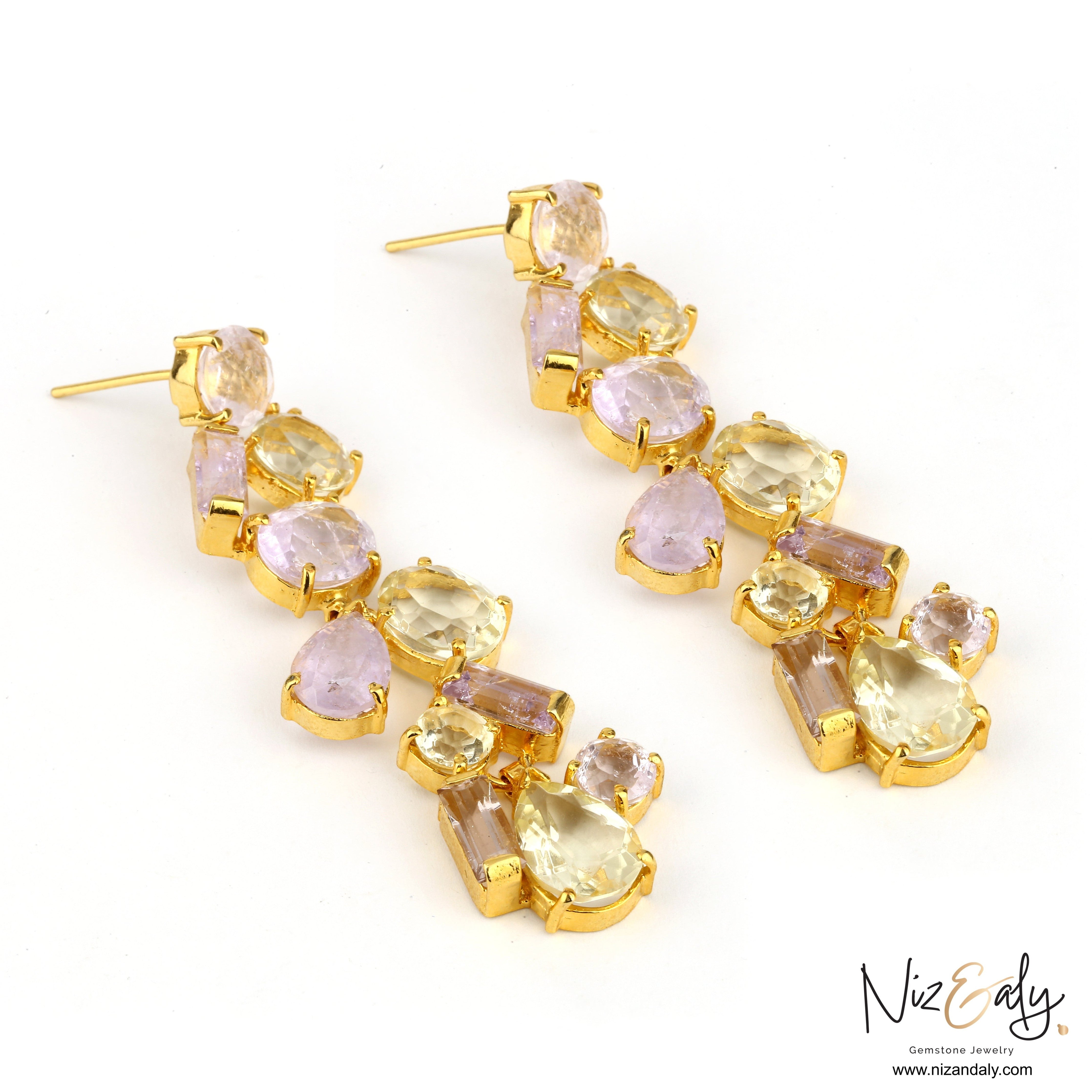 Niz & Aly cocktail dangle earrings featuring natural ametrine and citrine gemstones in a gold setting.