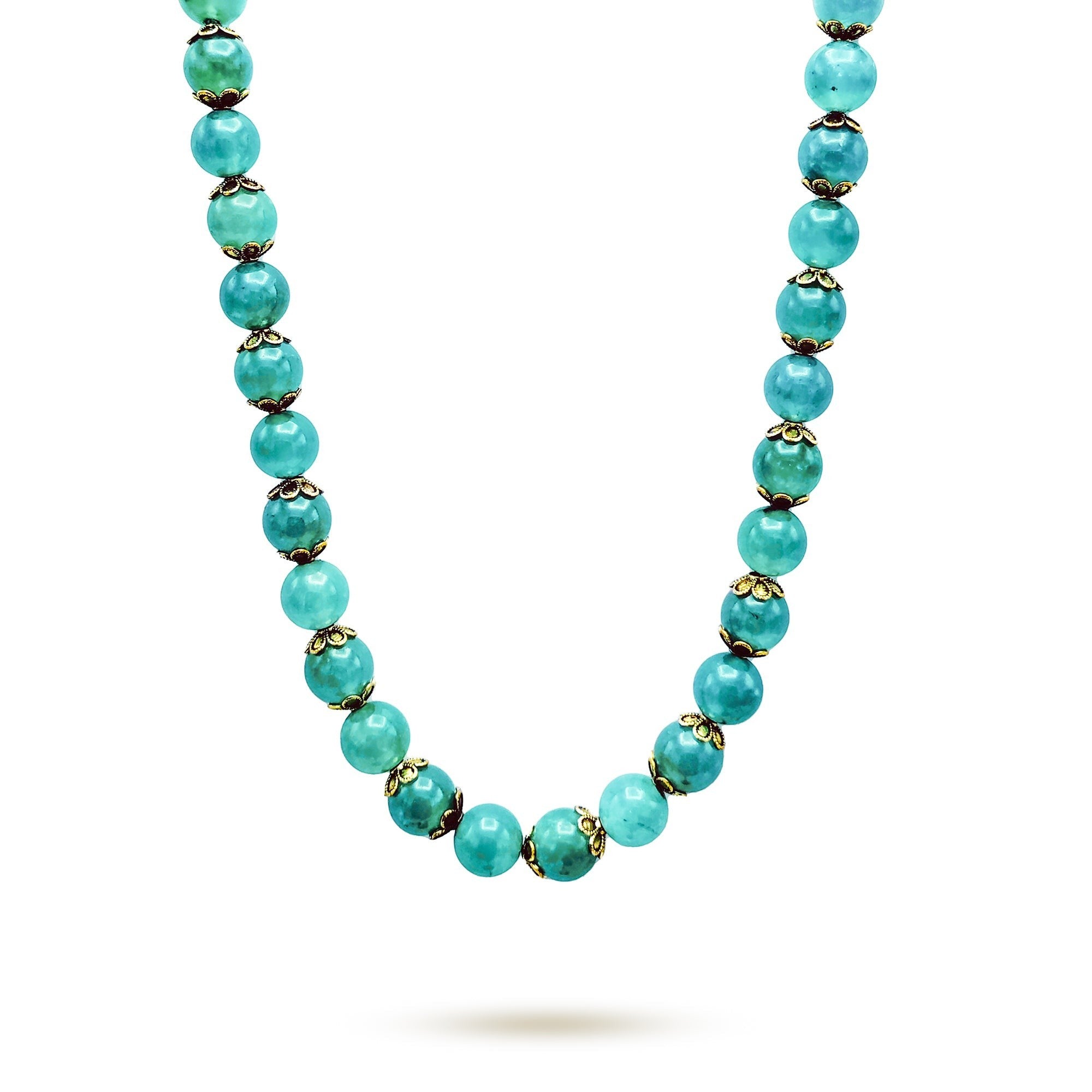 Niz & Aly aqua chalcedony beaded necklace with round polished gemstones and decorative gold-tone metal bead caps.