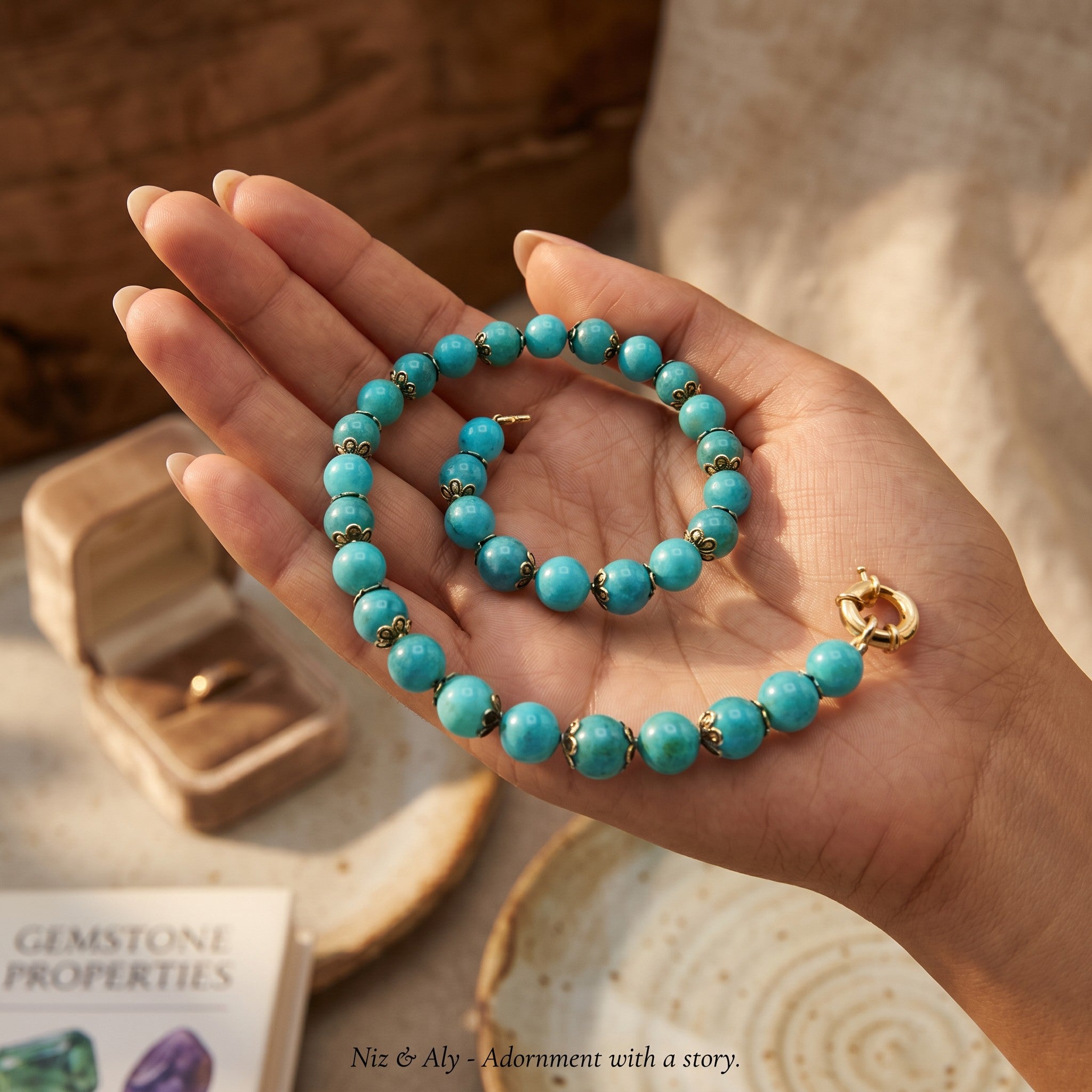 Niz & Aly aqua chalcedony beaded necklace with gold accents held in a hand against a soft, neutral background.