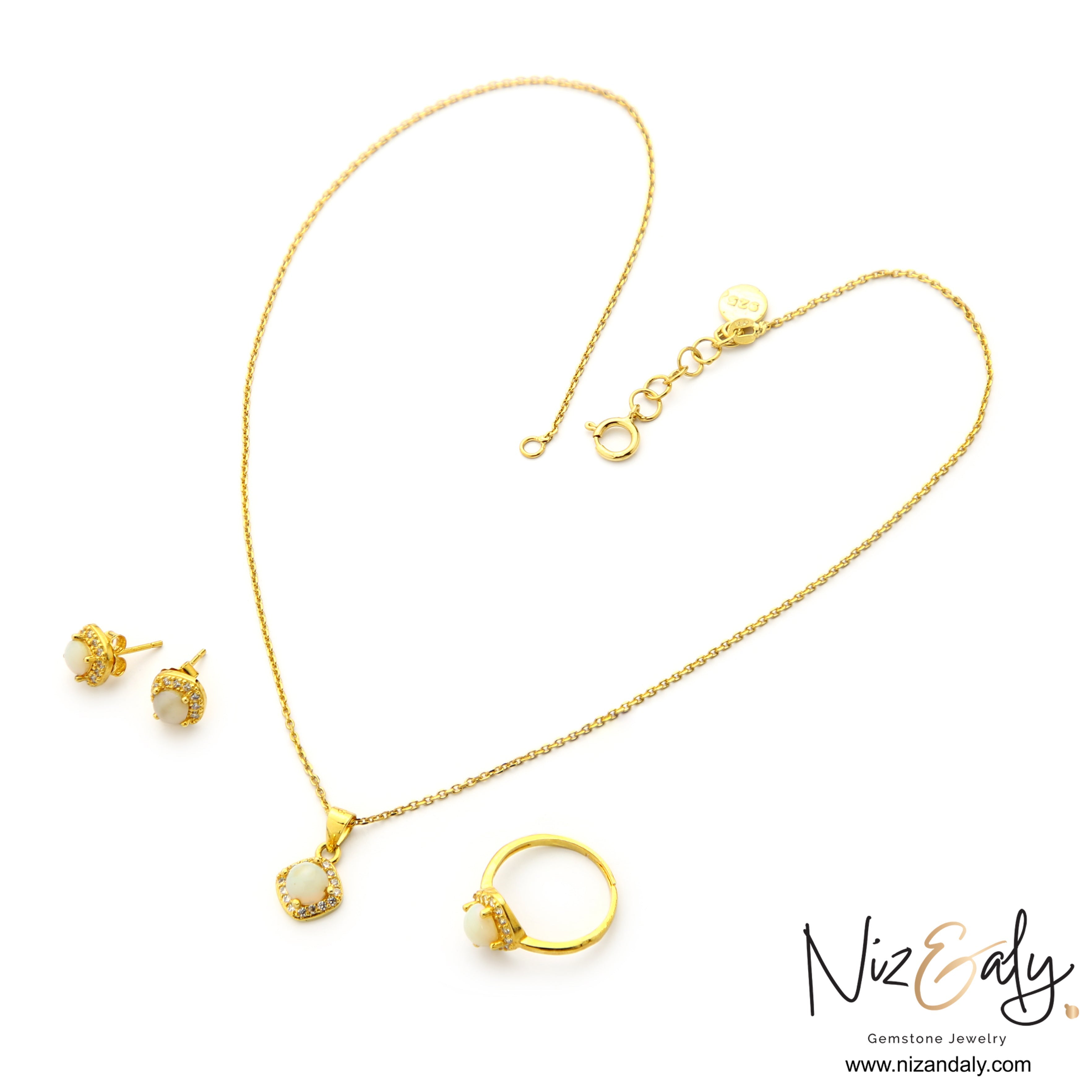 Niz & Aly Opaline gold-plated sterling silver jewelry set with white Australian opal pendant, ring, and stud earrings.