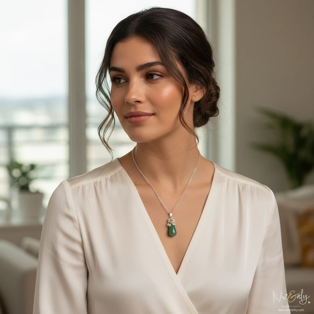 Niz & Aly dainty pendant featuring a green aventurine stone and freshwater pearl drop on a delicate silver chain