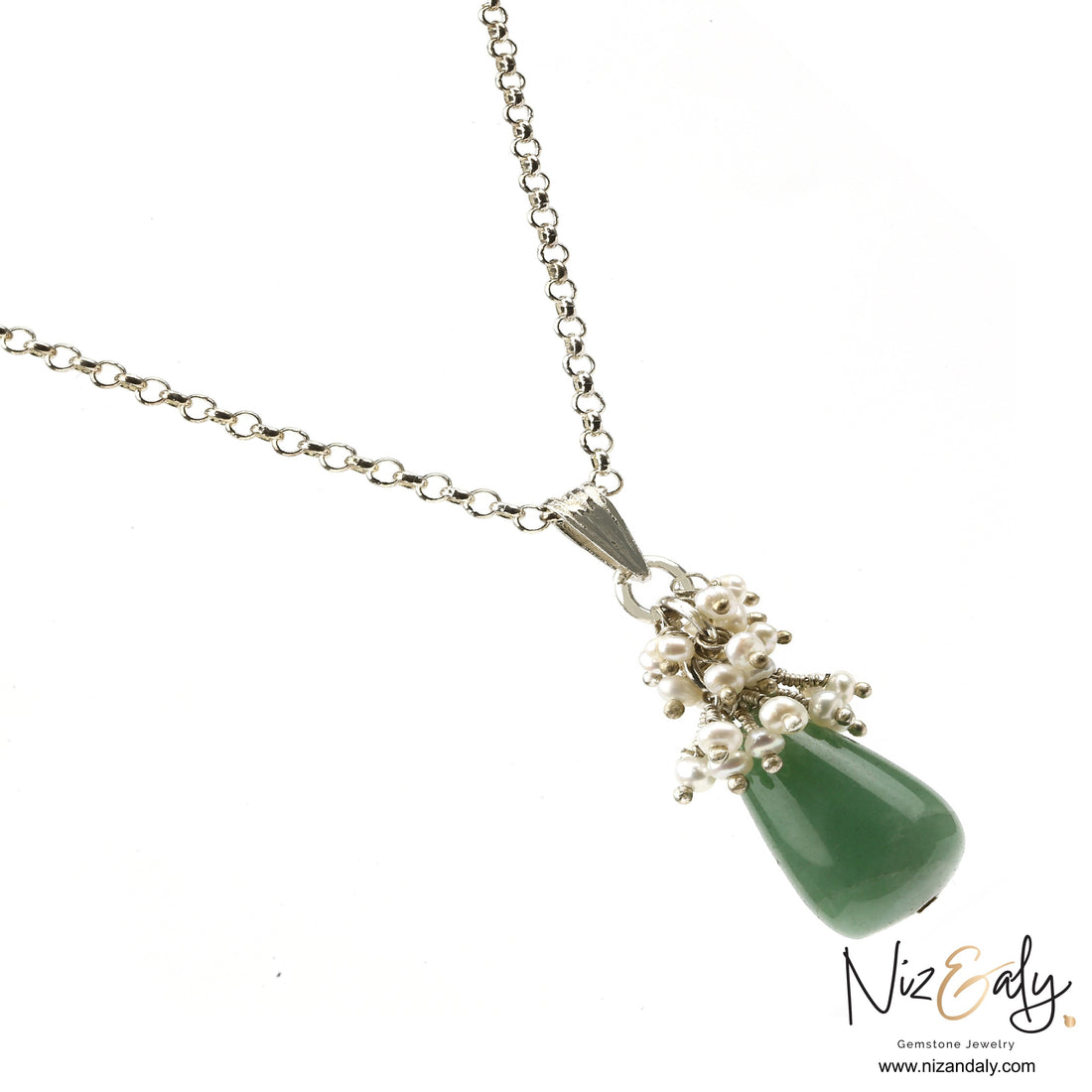 Niz & Aly dainty pendant featuring a smooth green aventurine drop stone accented with a cluster of small white pearls.