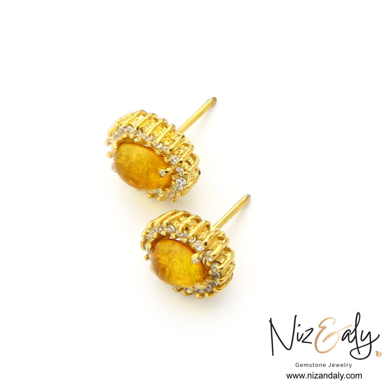 Niz & Aly yellow Baltic amber stud earrings with gold plating and sparkling clear stone accents