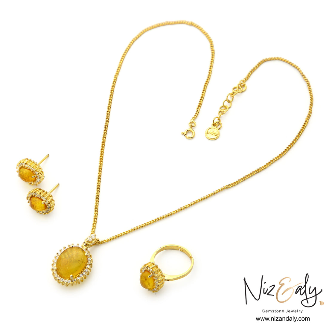 Niz & Aly genuine Baltic amber jewelry set featuring a gold-plated pendant necklace, stud earrings, and a ring.