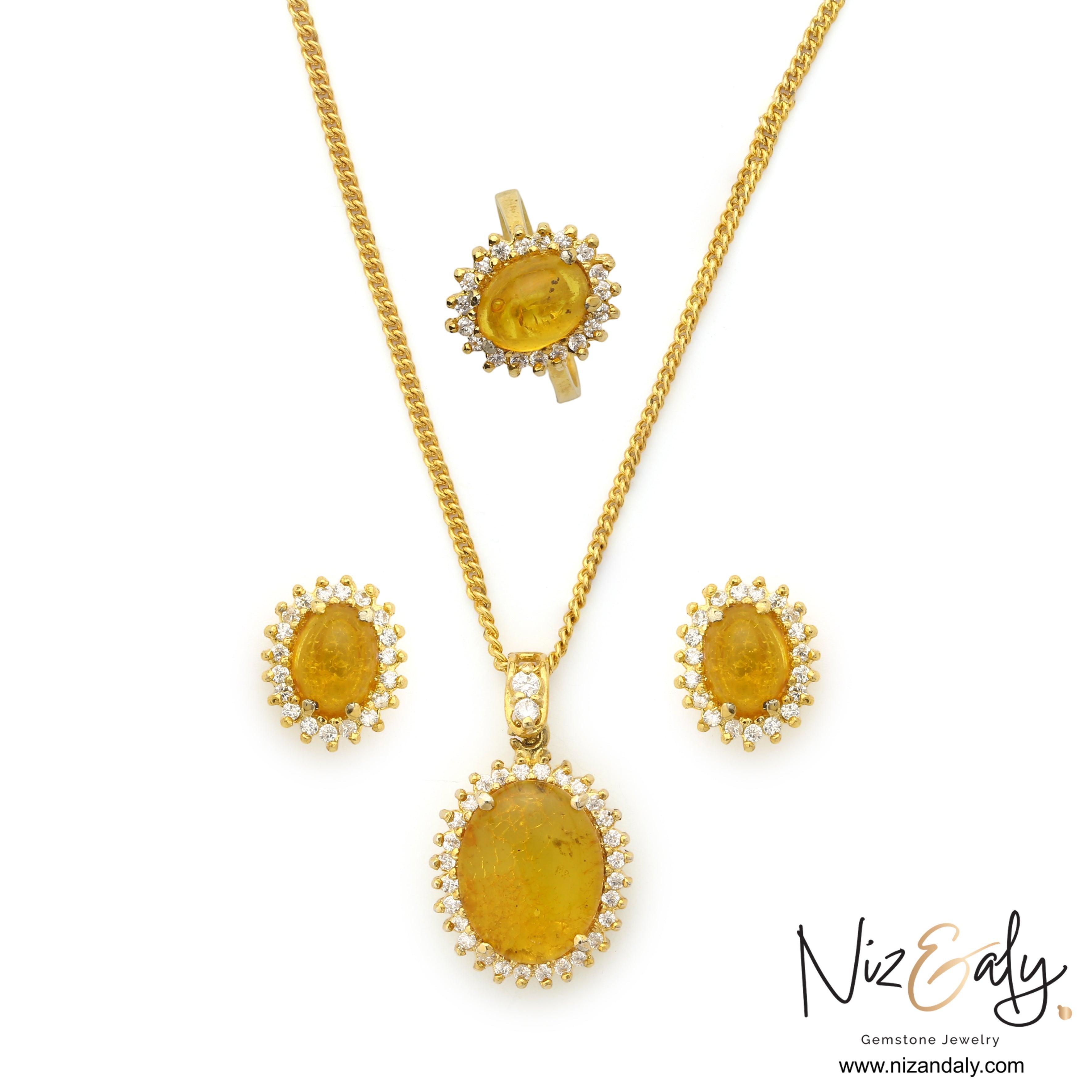 Niz & Aly jewelry set featuring genuine yellow Baltic amber pendants, earrings, and ring with gold-plated settings.