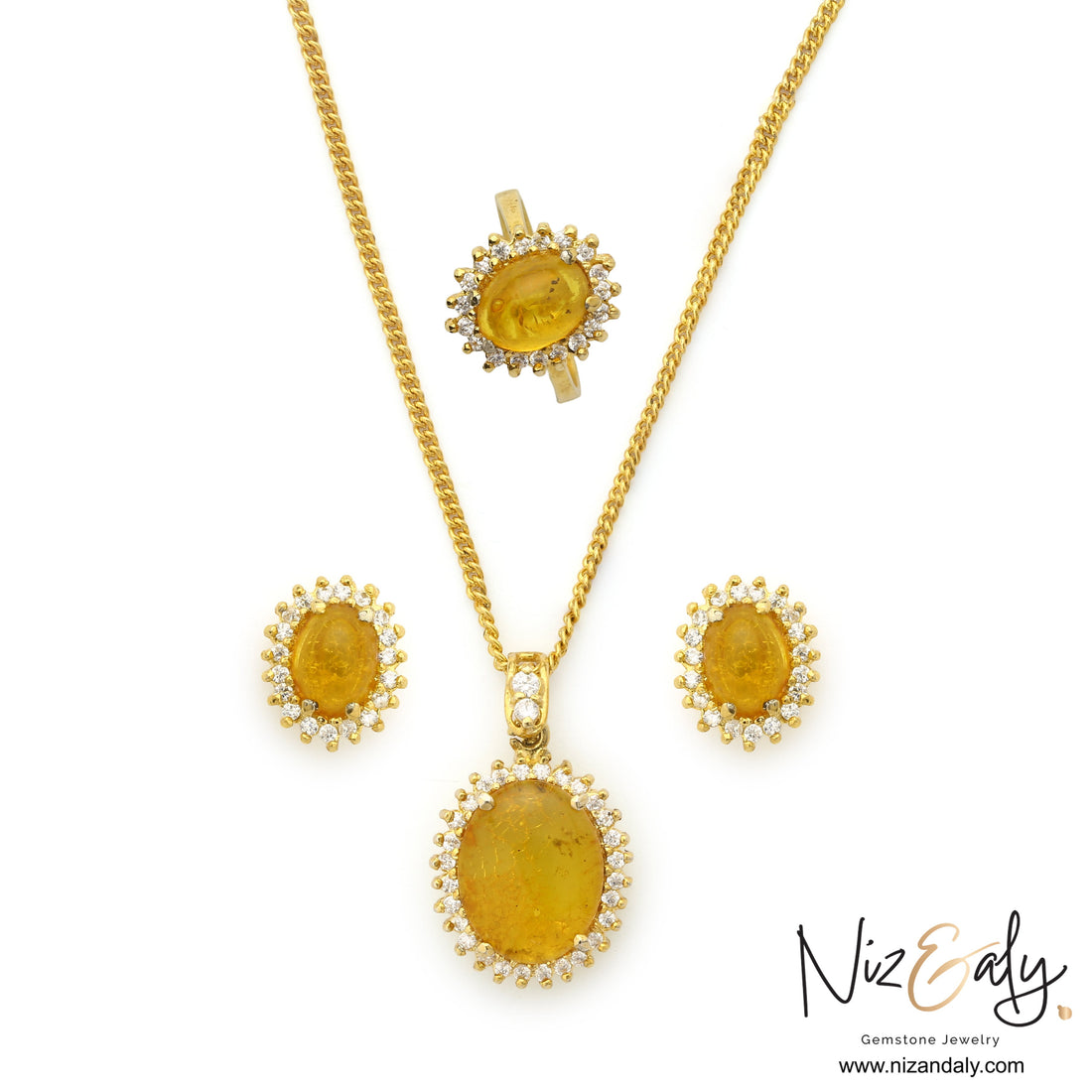 Niz & Aly jewelry set featuring genuine yellow Baltic amber pendants, earrings, and ring with gold-plated settings.