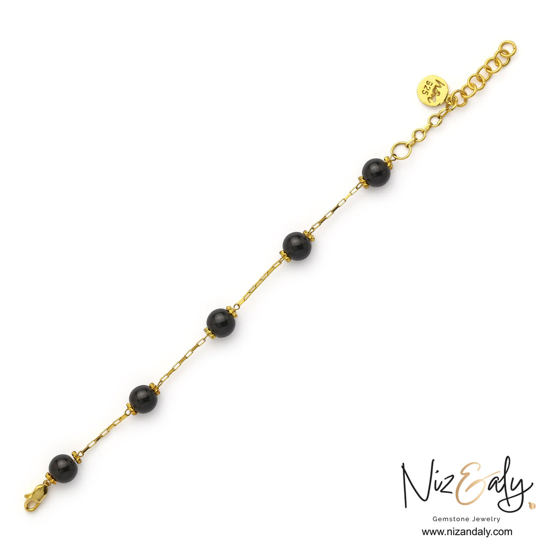 Niz & Aly black onyx bead bracelet featuring five polished natural stones on a gold-plated sterling silver chain.