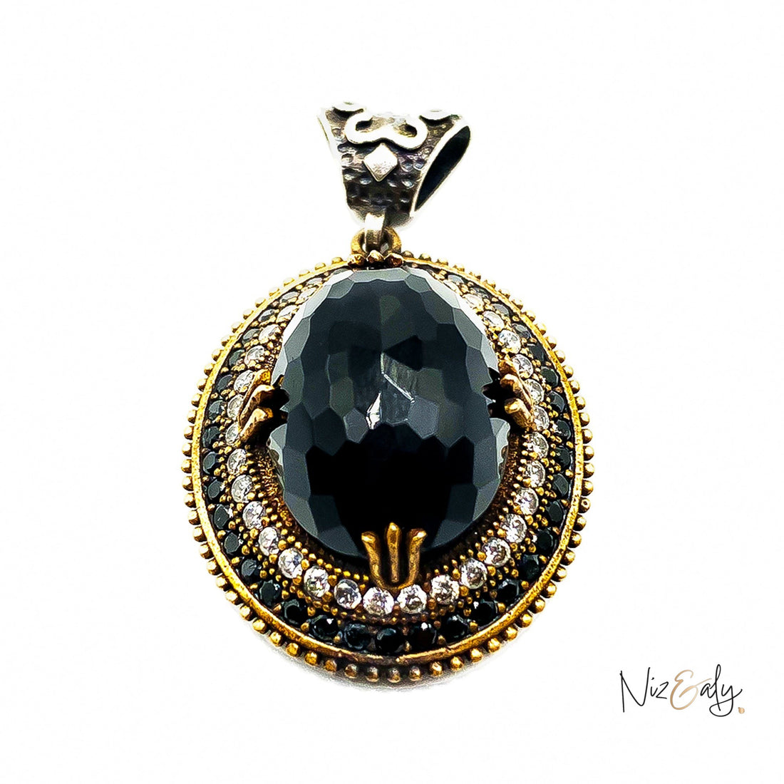 Niz & Aly faceted black onyx pendant with VVS cubic zirconia and tiny onyx accents in an intricate gold-tone setting