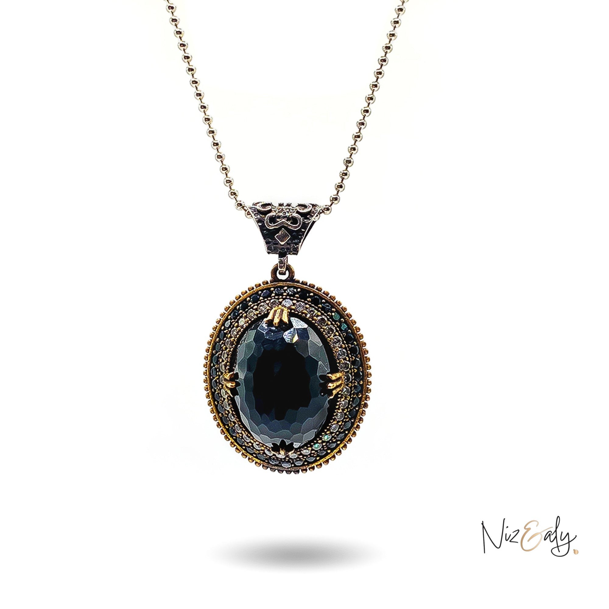Niz & Aly faceted black onyx pendant necklace with VVS cubic zirconia and tiny onyx accents on a silver chain