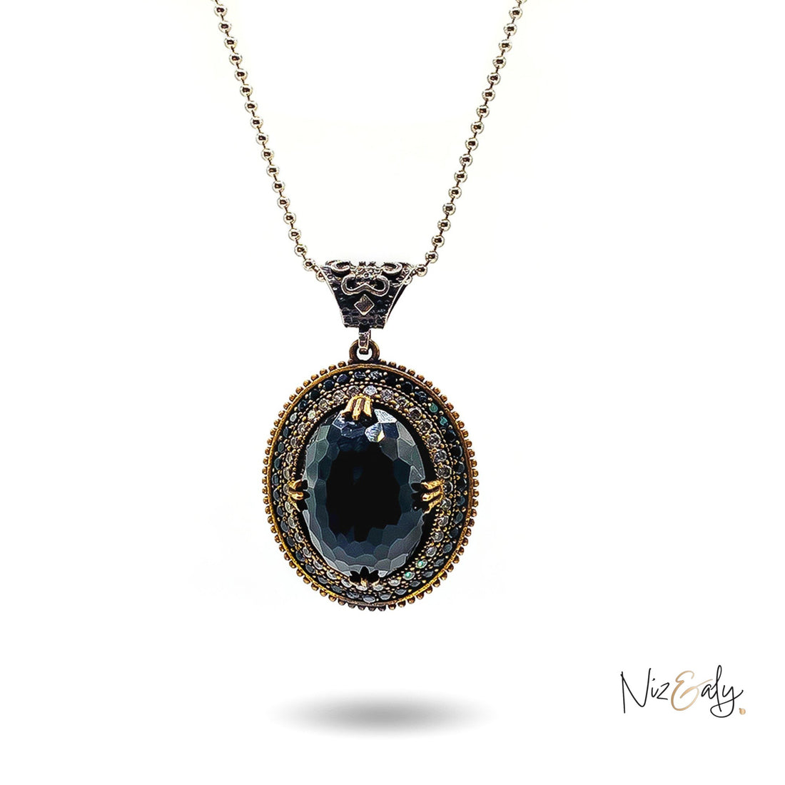 Niz & Aly faceted black onyx pendant necklace with VVS cubic zirconia and tiny onyx accents on a silver chain