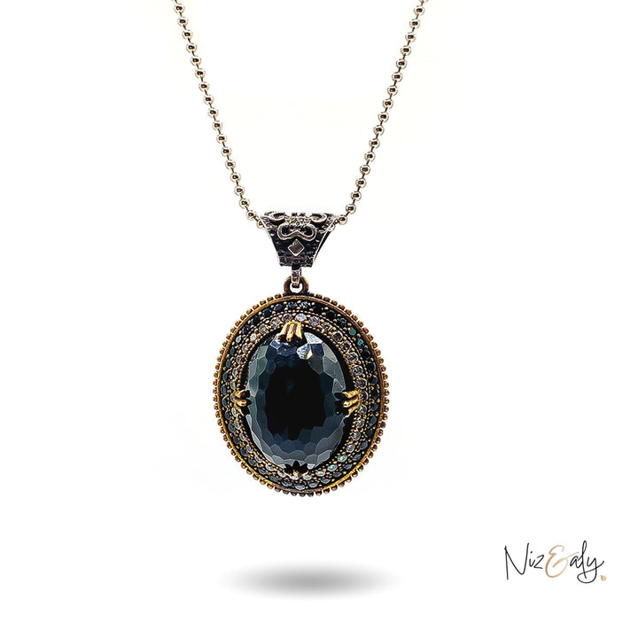 Niz & Aly faceted black onyx pendant necklace with VVS cubic zirconia and tiny onyx accents on a silver chain