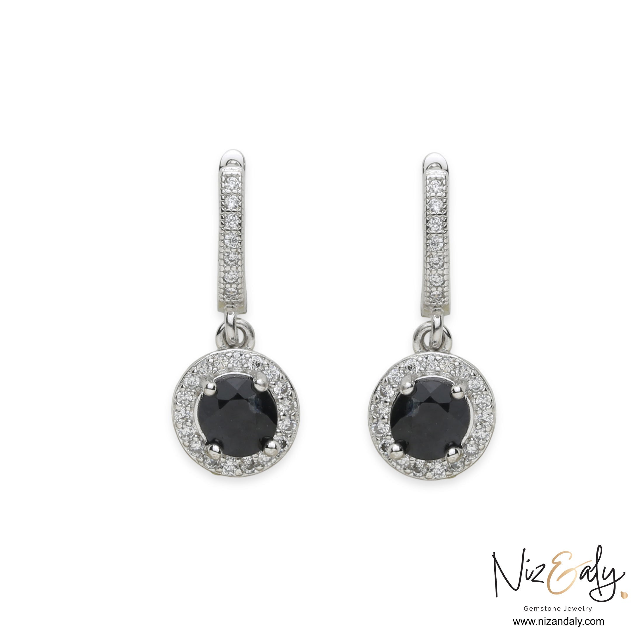 Niz & Aly blue sapphire and diamond halo drop earrings in 925 sterling silver with a polished finish.