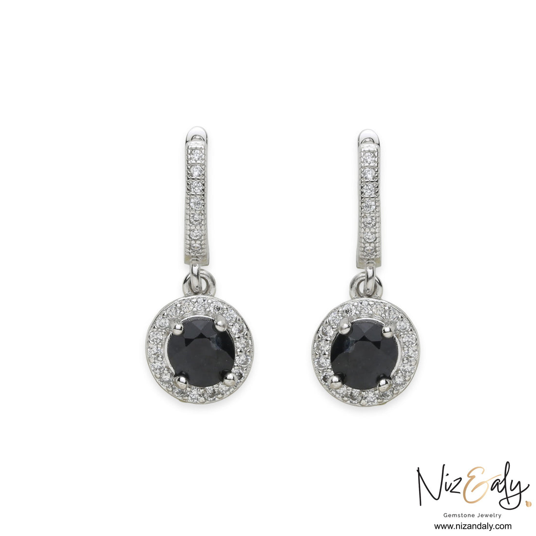 Niz & Aly blue sapphire and diamond halo drop earrings in 925 sterling silver with a polished finish.