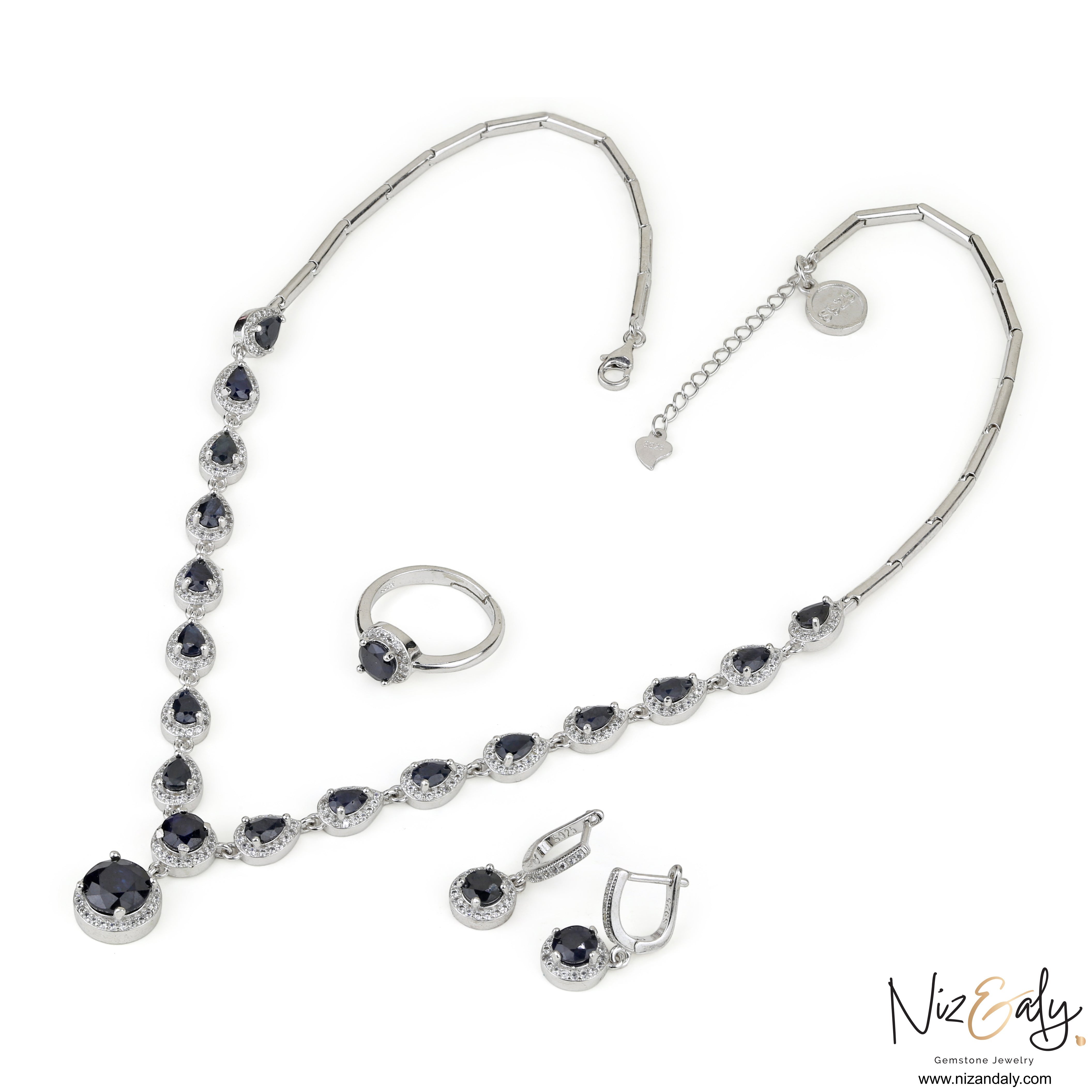 Niz & Aly blue sapphire and 925 sterling silver jewelry set featuring a teardrop necklace, matching earrings, and ring.