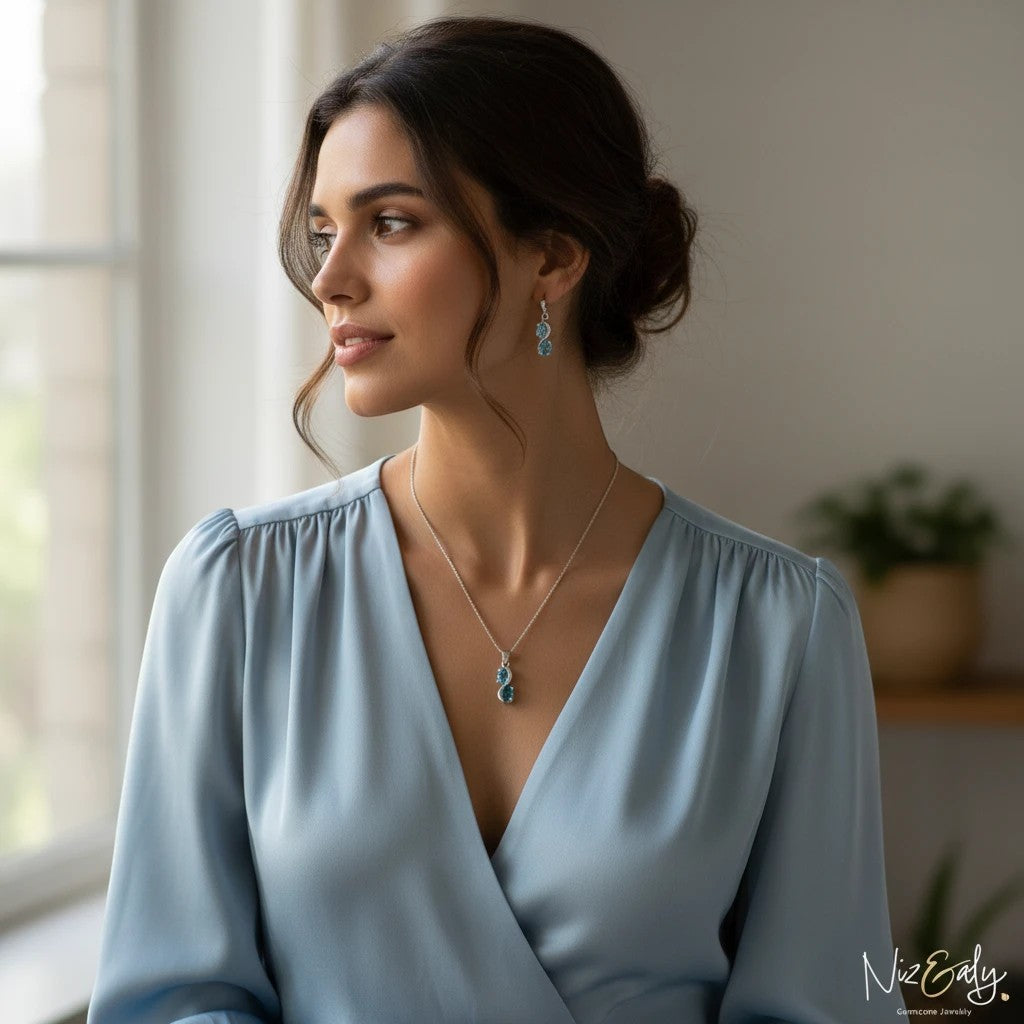 Niz & Aly sea blue double topaz drop pendant and earring set worn by a woman in a matching blue dress