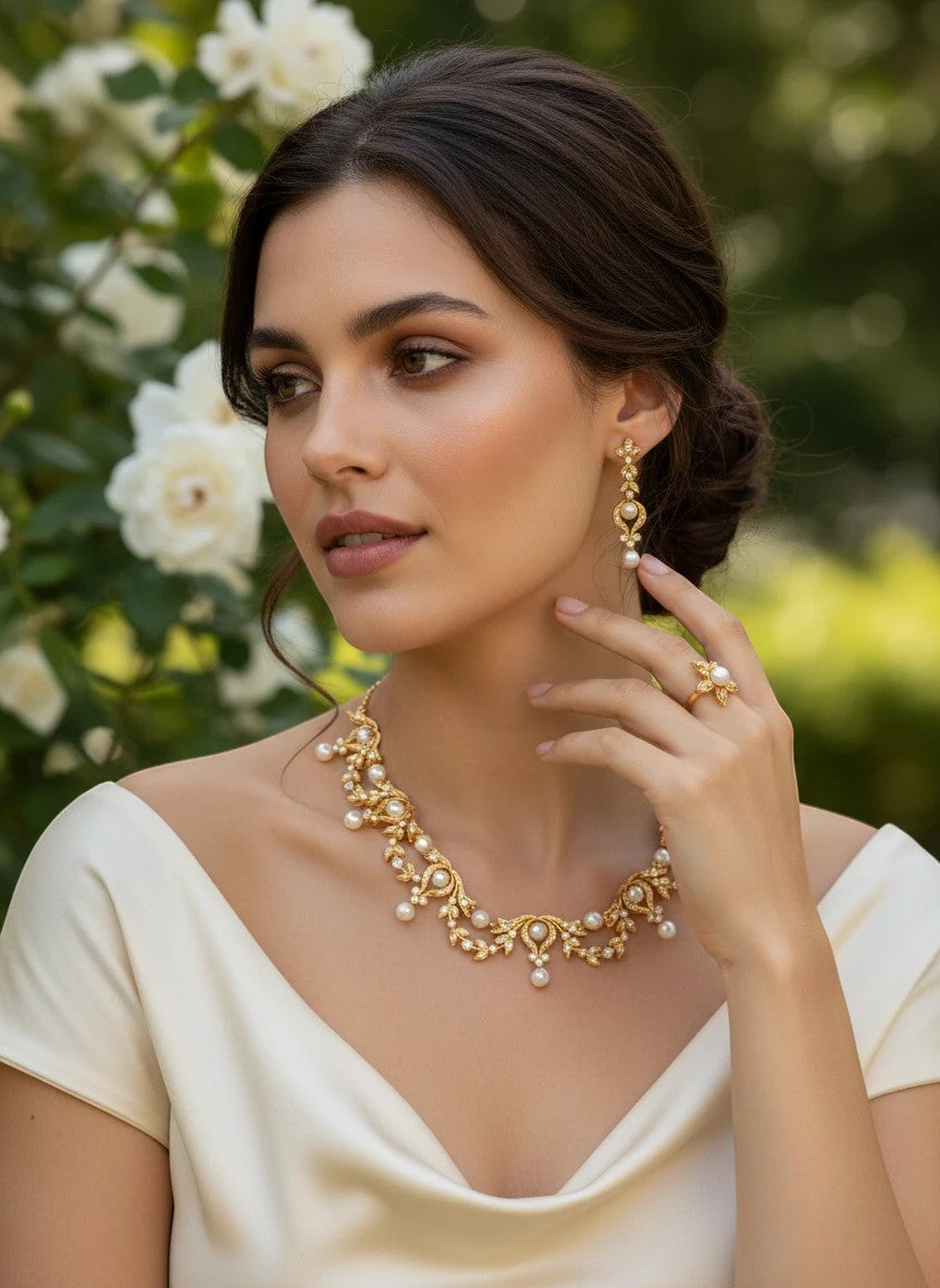 Niz & Aly bridal necklace and earring set with freshwater pearls and gold-plated sterling silver on a bride.