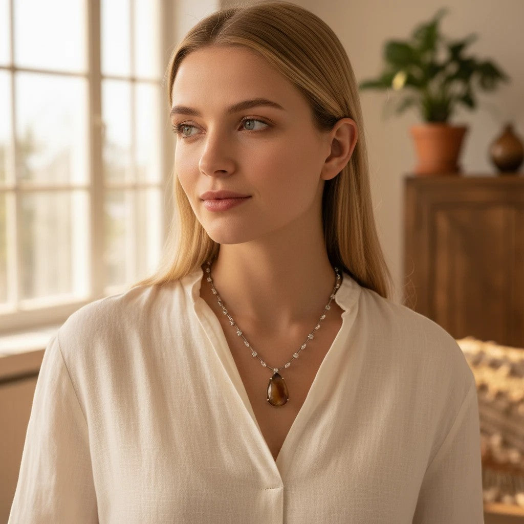 Niz & Aly brown agate statement necklace with cubic zirconia accents worn by a woman in a white blouse
