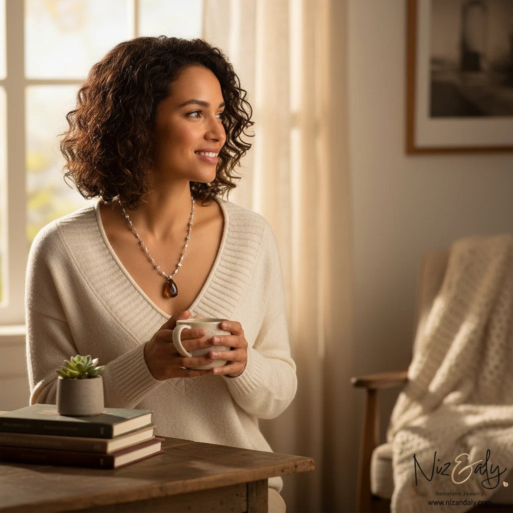 Niz & Aly brown agate statement necklace with cubic zirconia accents worn by a woman in a cozy cream sweater
