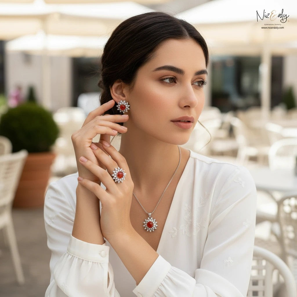 Niz & Aly faceted carnelian and quartz pendant, ring, and earring set worn by a woman in a white blouse.