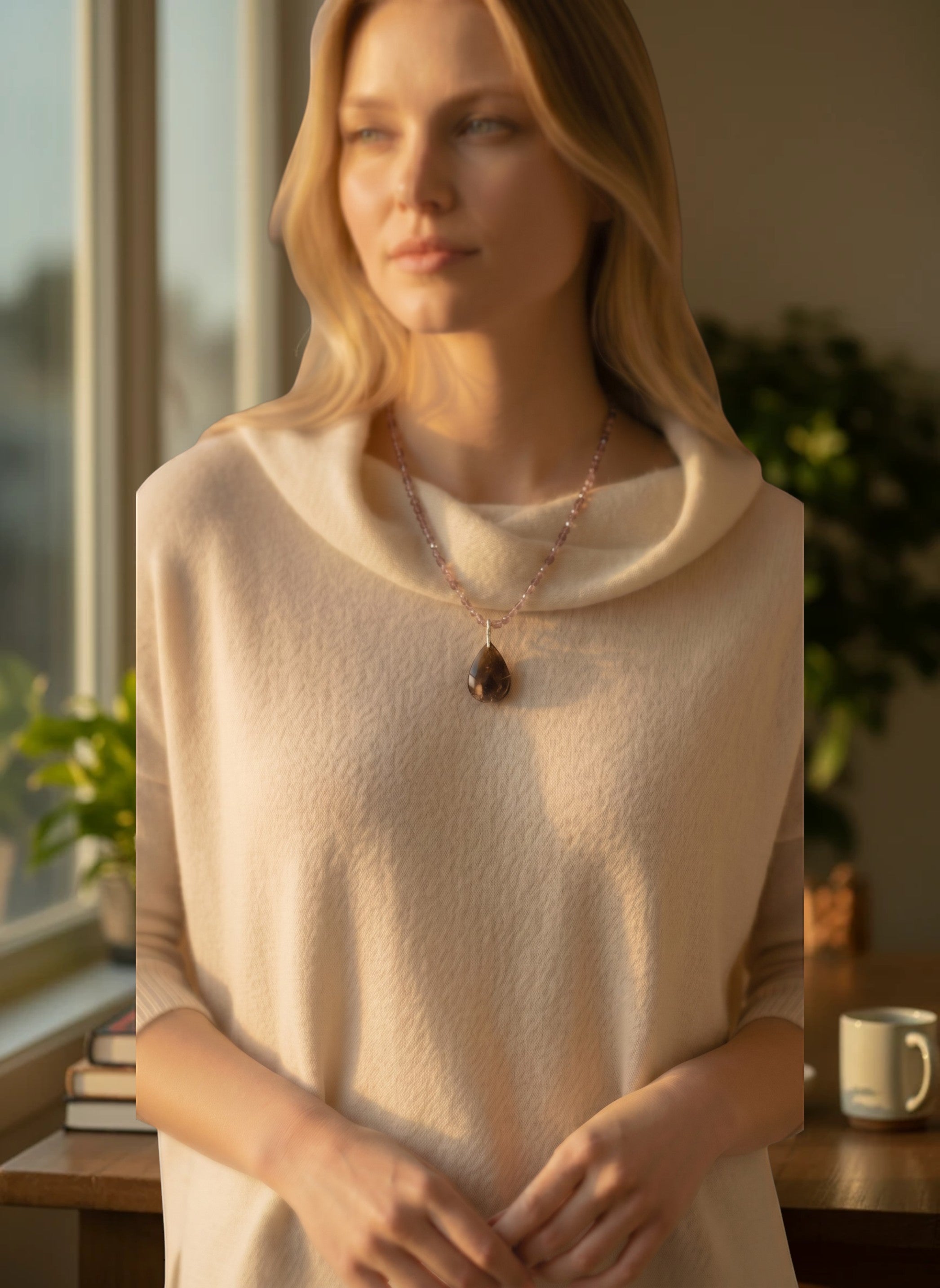 Niz & Aly teardrop Charoite pendant necklace with pink and lavender beads worn by a woman in a cream sweater.