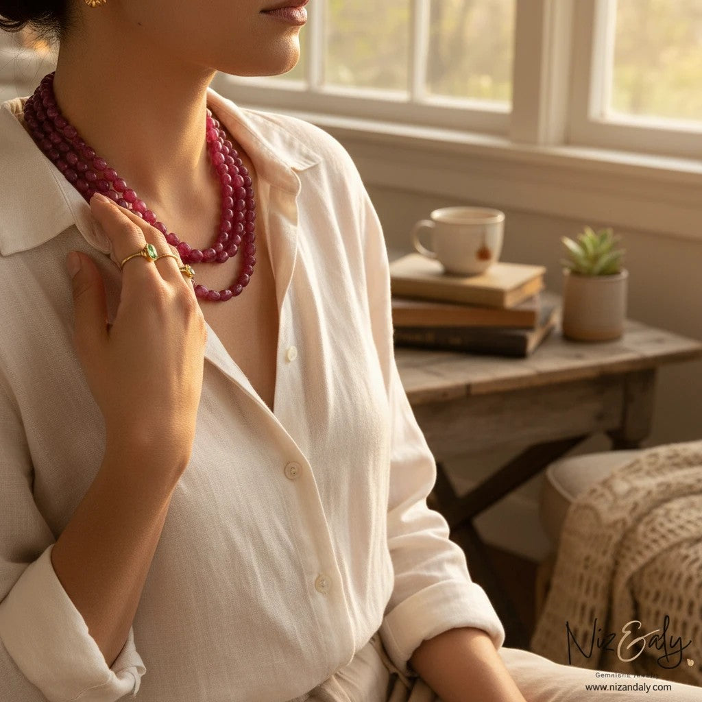 Niz & Aly triple strand translucent cherry quartz beaded necklace worn by a woman in a white linen shirt.